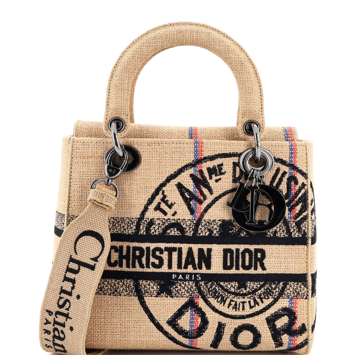 Christian Dior Lady D-Lite Bag Embroidered Jute Canvas Medium