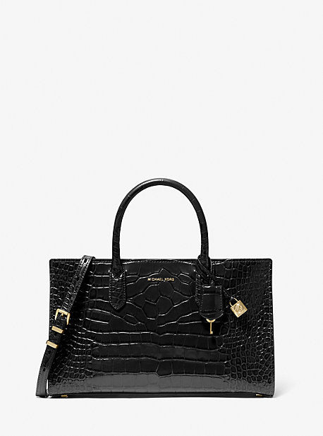 Michael Kors MK Scarlett Medium Crocodile Embossed Patent Leather Satchel - Black - Michael Kors