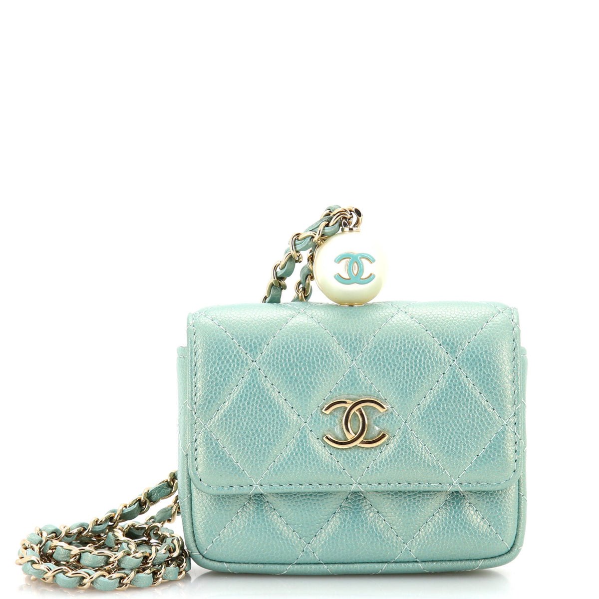 Chanel CHANEL CC Pearl Coin Card Holder with Chain Quilted Iridescent Caviar