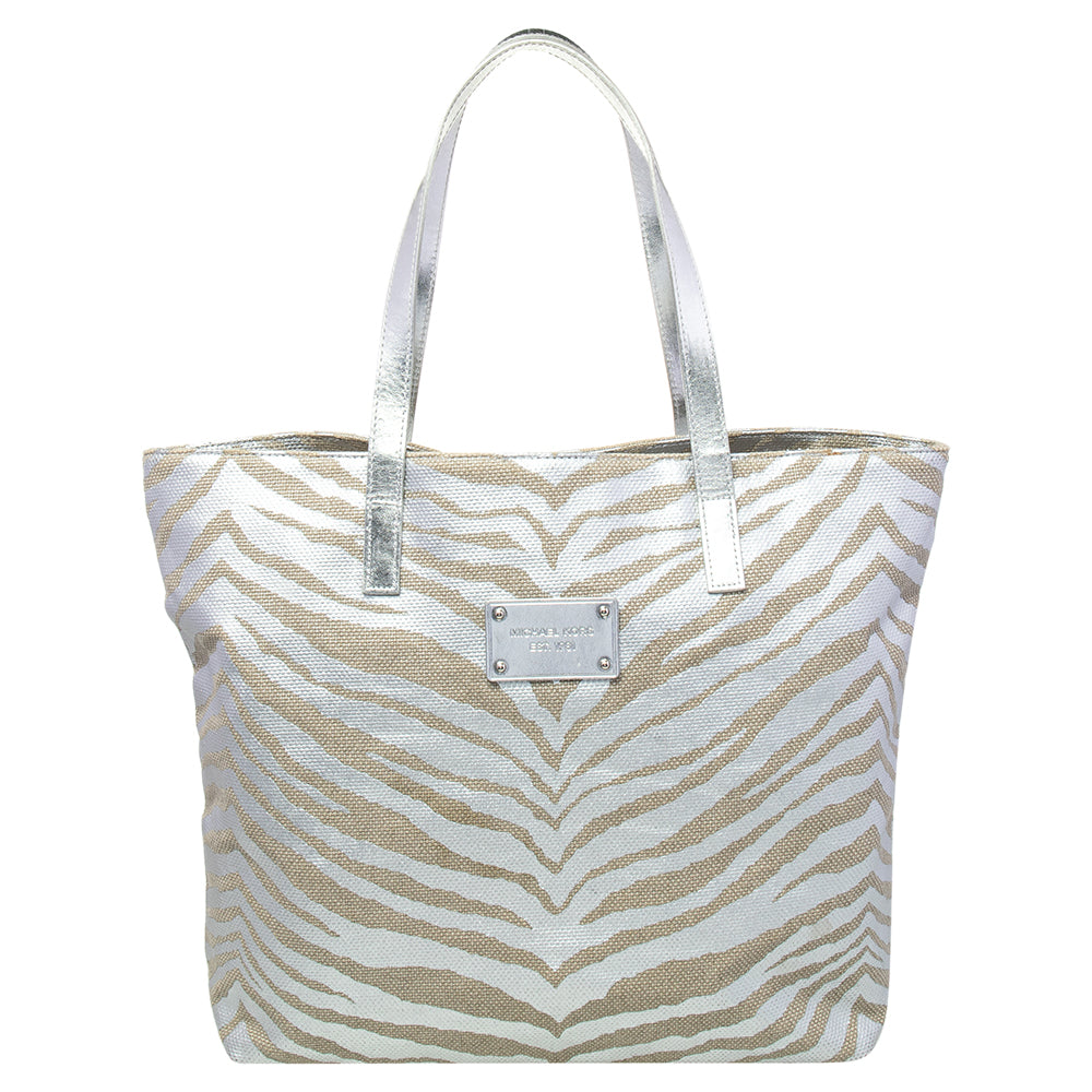 Michael Kors Silver/Beige Canvas And Patent Leather Tote