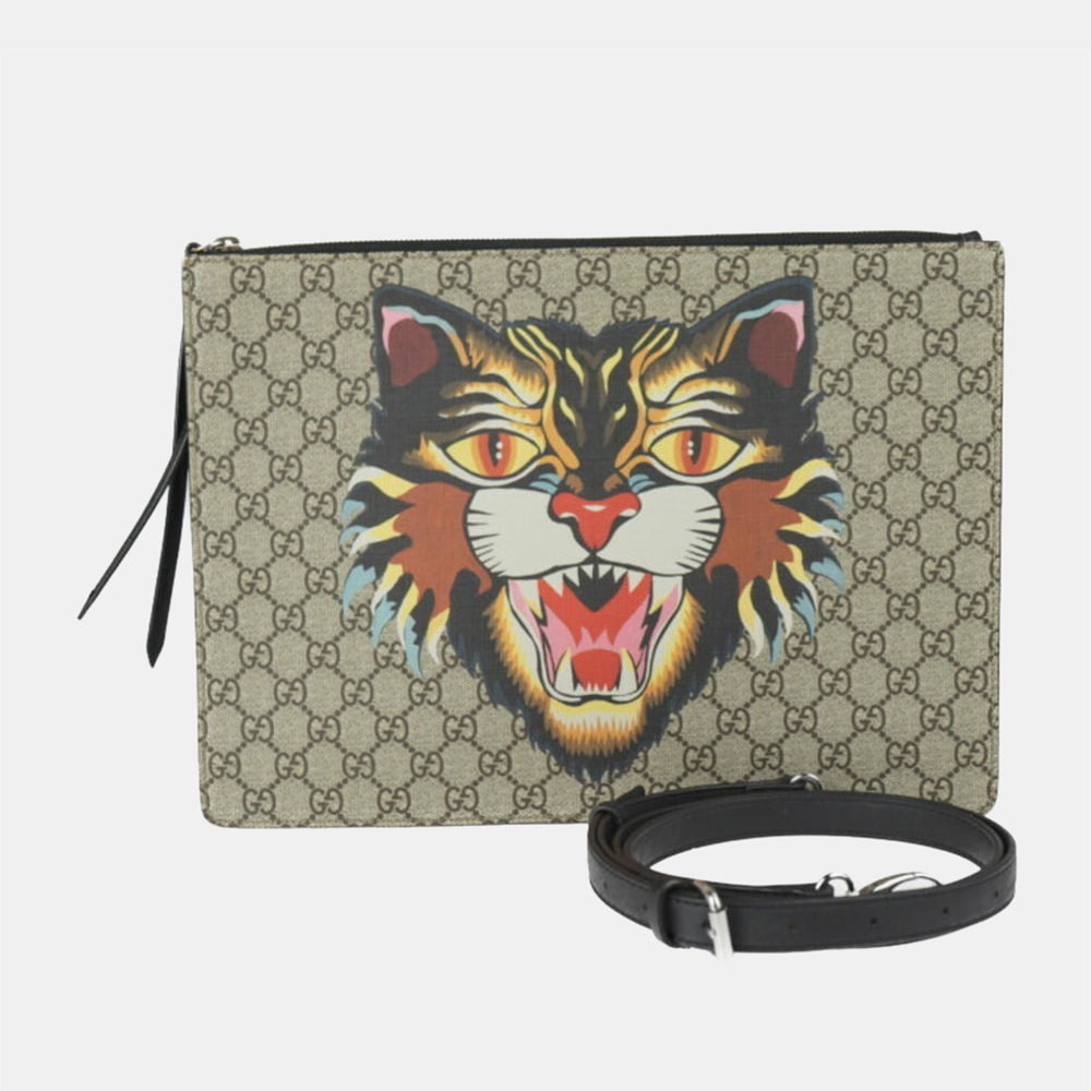 Beige GG Canvas Angry Cat Pouch