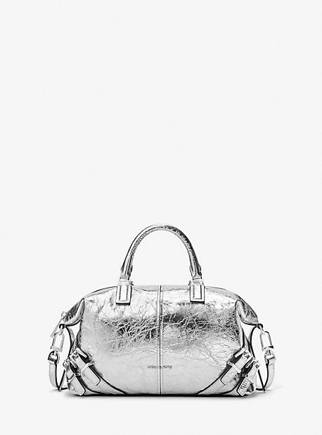 Michael Kors MK Darrington Metallic Small Crackled Leather Satchel - Silver - Michael Kors