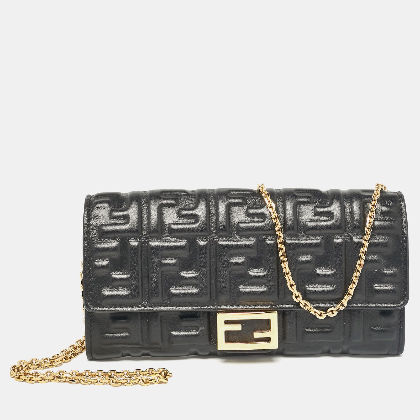 Fendi Black FF Leather Baguette Continental Chain Wallet