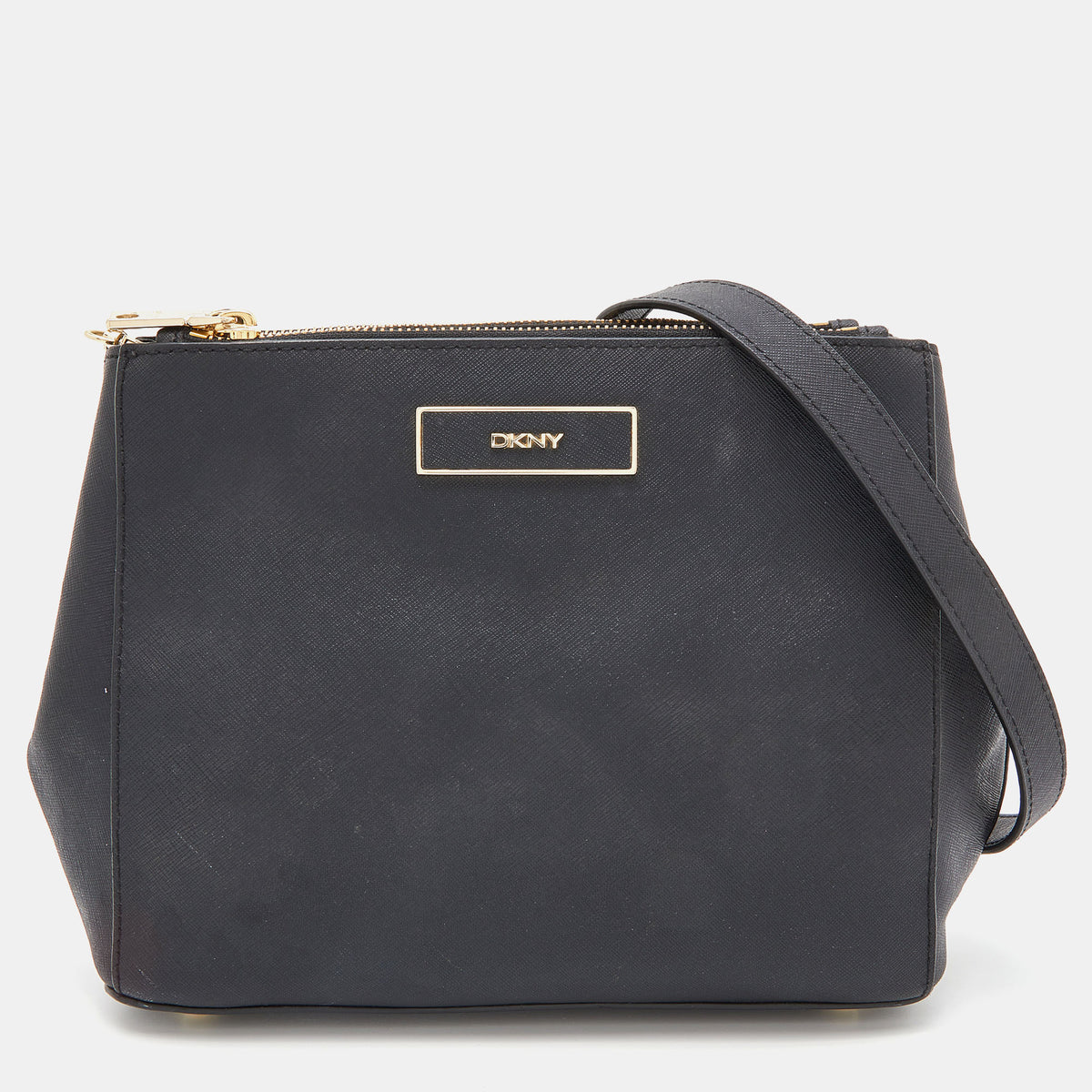 DKNY Black Saffiano Leather Double Zip Crossbody Bag
