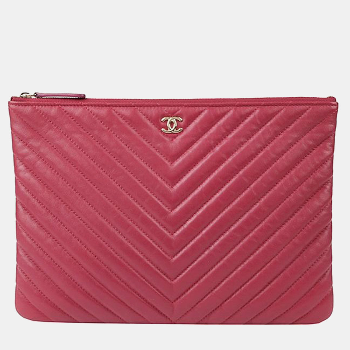 Chanel Red Leather Chevron New Medium Clutch