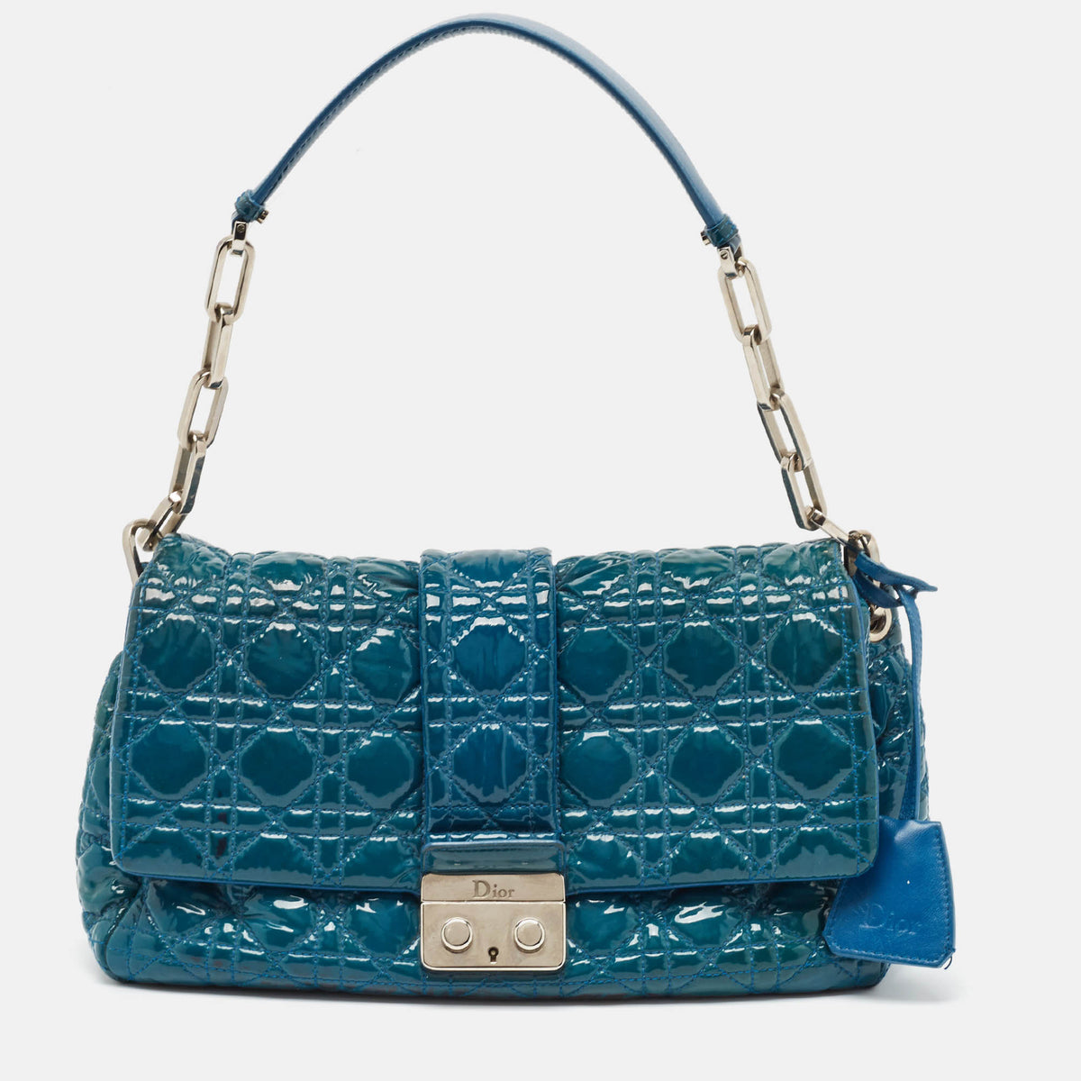 Dior Teal Blue Cannage Patent Leather Large Miss Flap Bag