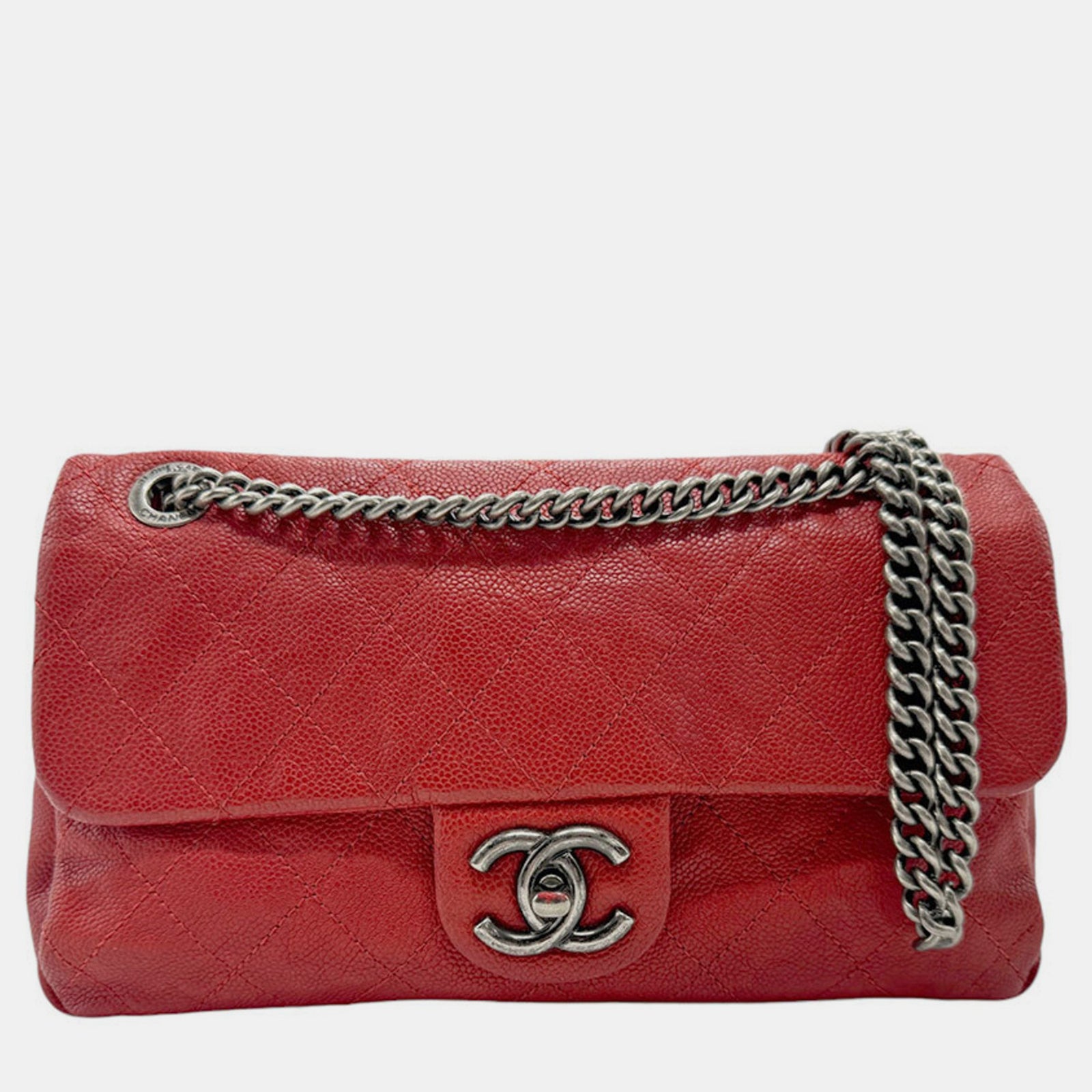 Chanel Dunkelrote, silberne Matelassé-Tasche aus Kaviarleder