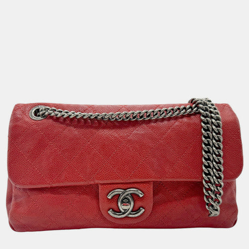 Dark Red Silver Caviar Skin Leather Matelasse Bag