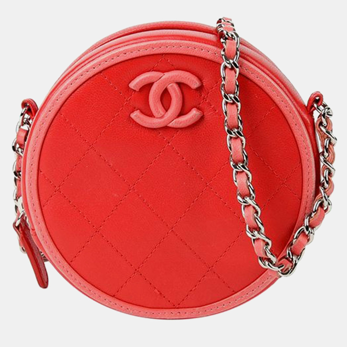 Chanel Red Quilted Lambskin Color Pop Round Clutch with Chain