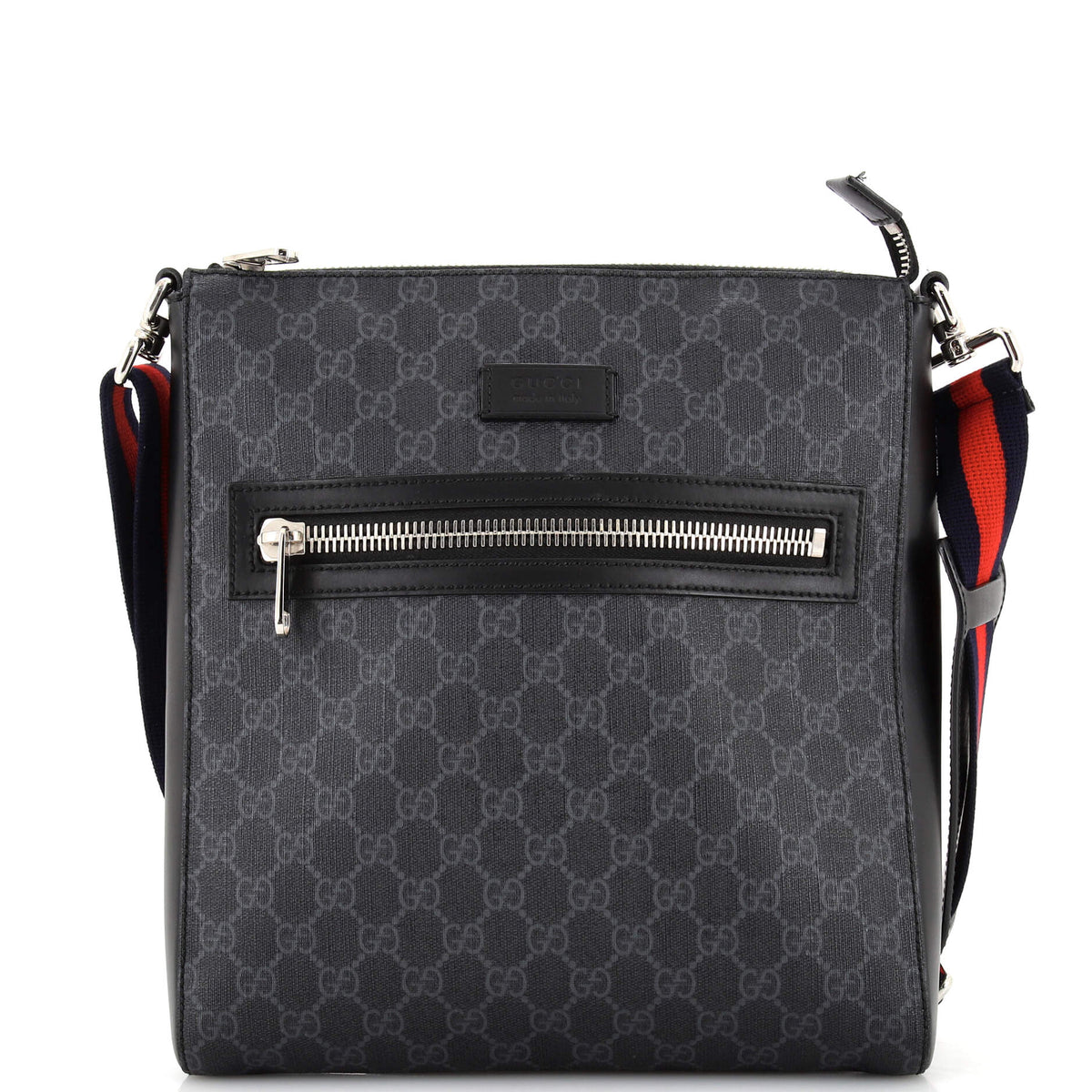 Gucci GUCCI Web Strap Front Zip Messenger Bag GG Coated Canvas Medium