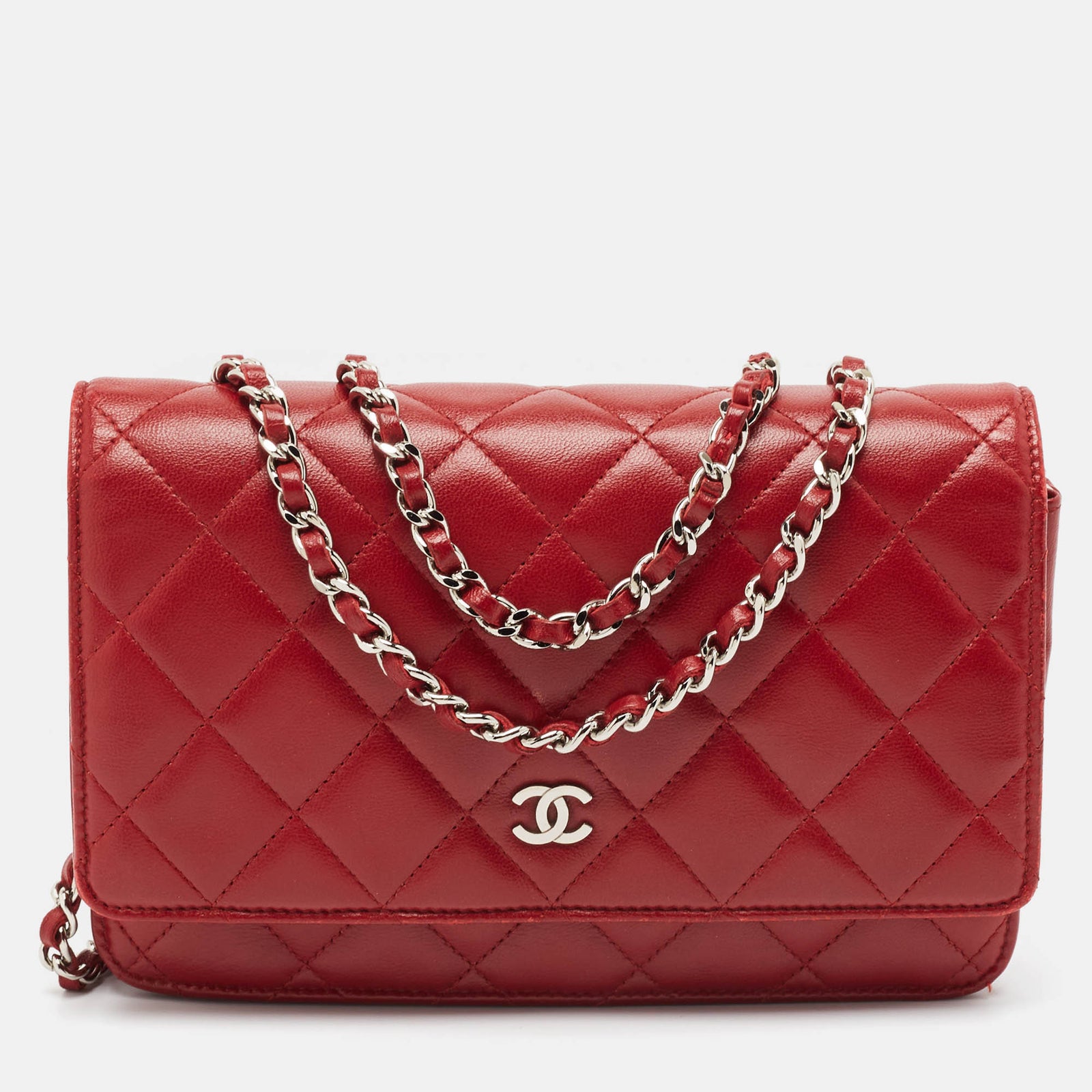 Chanel Rotes gestepptes CC-Portemonnaie aus Leder mit Kette