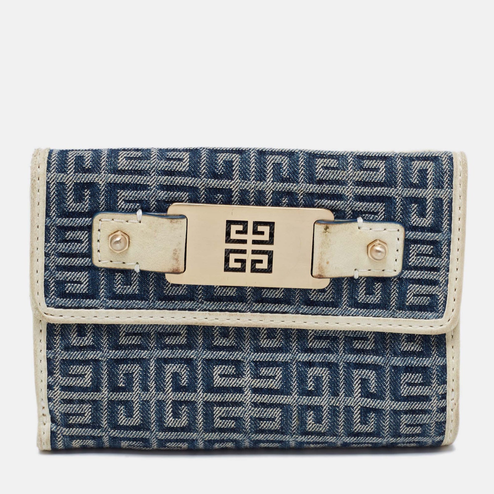 Givenchy Blue/Cream Monogram Canvas and Leather Metal Flap Compact Wallet