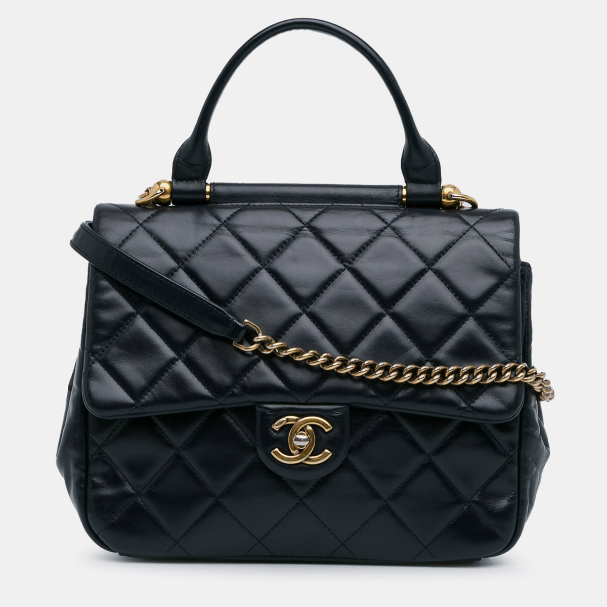 Chanel Blue Lambskin Leather Small Gold Bar Top Handle Flap Bag