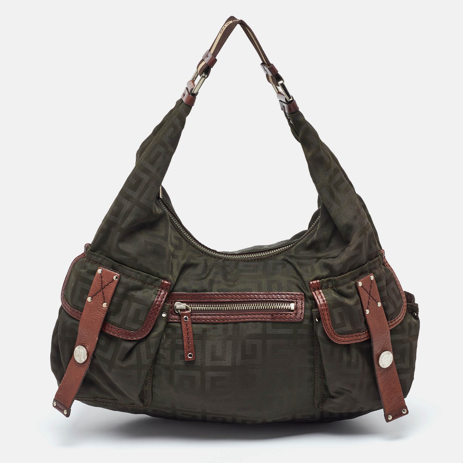 Givenchy Green/Brown Monogram Nylon and Leather Multiple Pocket Hobo