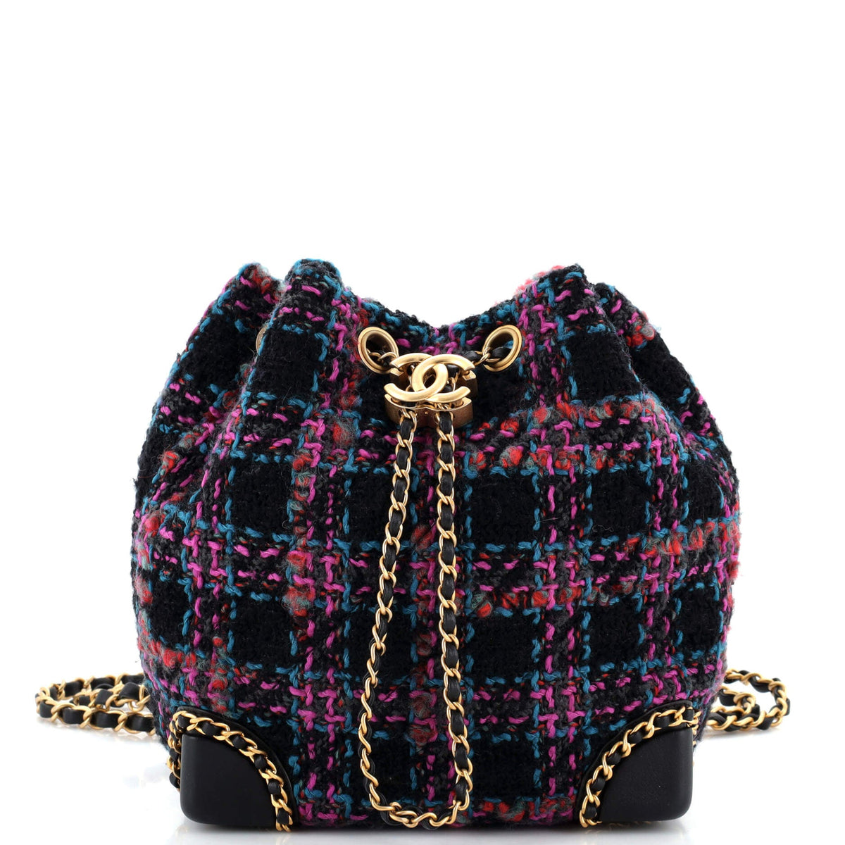 Chanel CHANEL Chained Drawstring CC Bucket Backpack Quilted Houndstooth Tweed Small