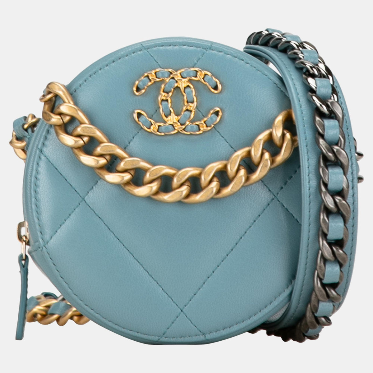 Chanel Blue Lambskin 19 Round Clutch with Chain