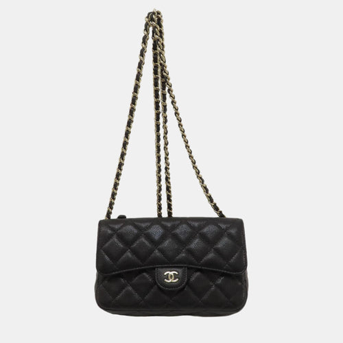 Black Caviar Leather Chain Shoulder Bag