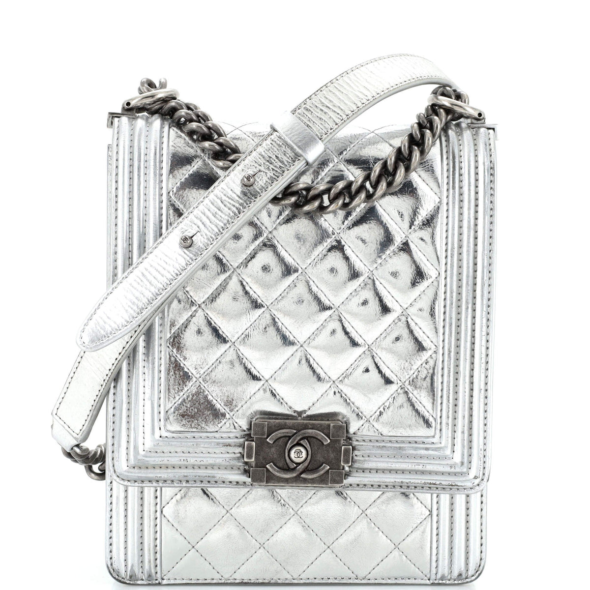 Chanel CHANEL North South Boy Flap Bag Quilted Metallic Calfskin Small