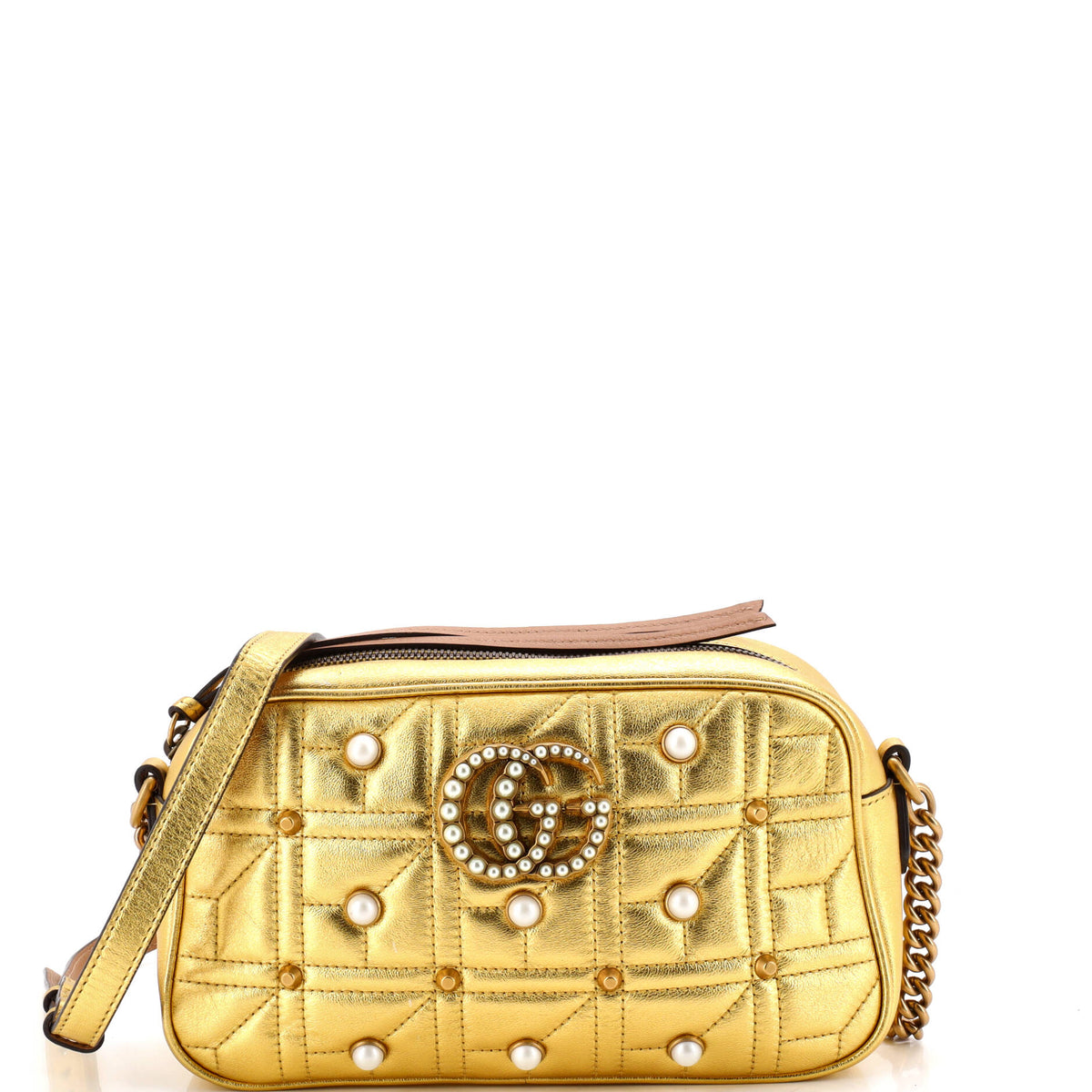 Gucci GUCCI Pearly GG Marmont Shoulder Bag Embellished Matelasse Leather Small
