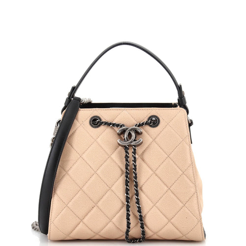 CHANEL Top Handle CC Drawstring Bucket Bag Quilted Caviar Small