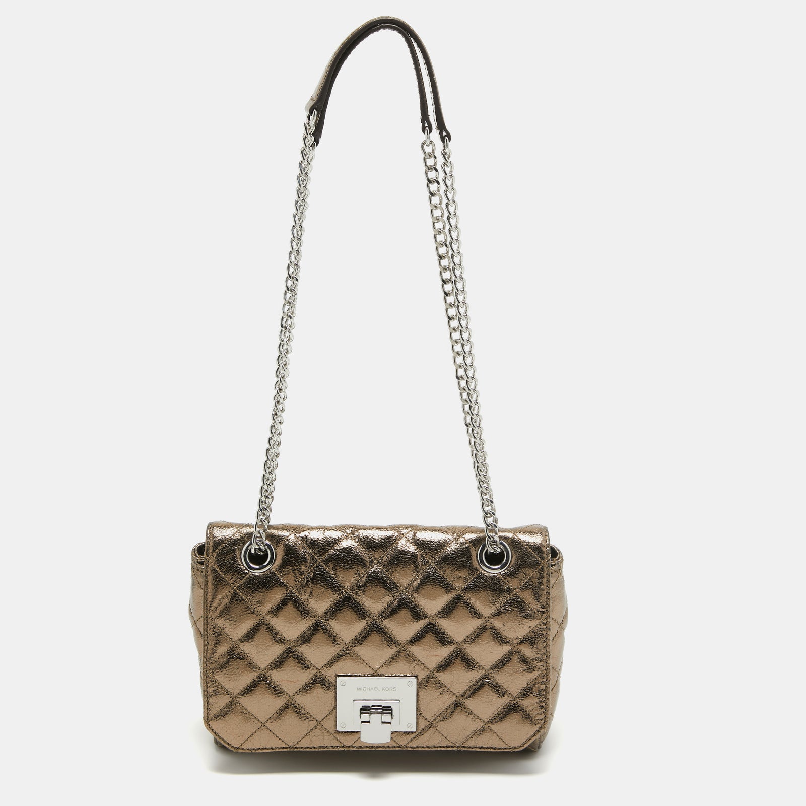 Michael Kors Nickel Foil Leather Vivianne Flap Shoulder Bag