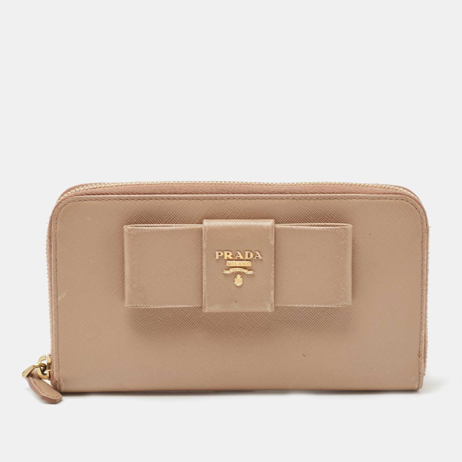 Prada Beige Saffiano Leather Bow Zip Around Wallet