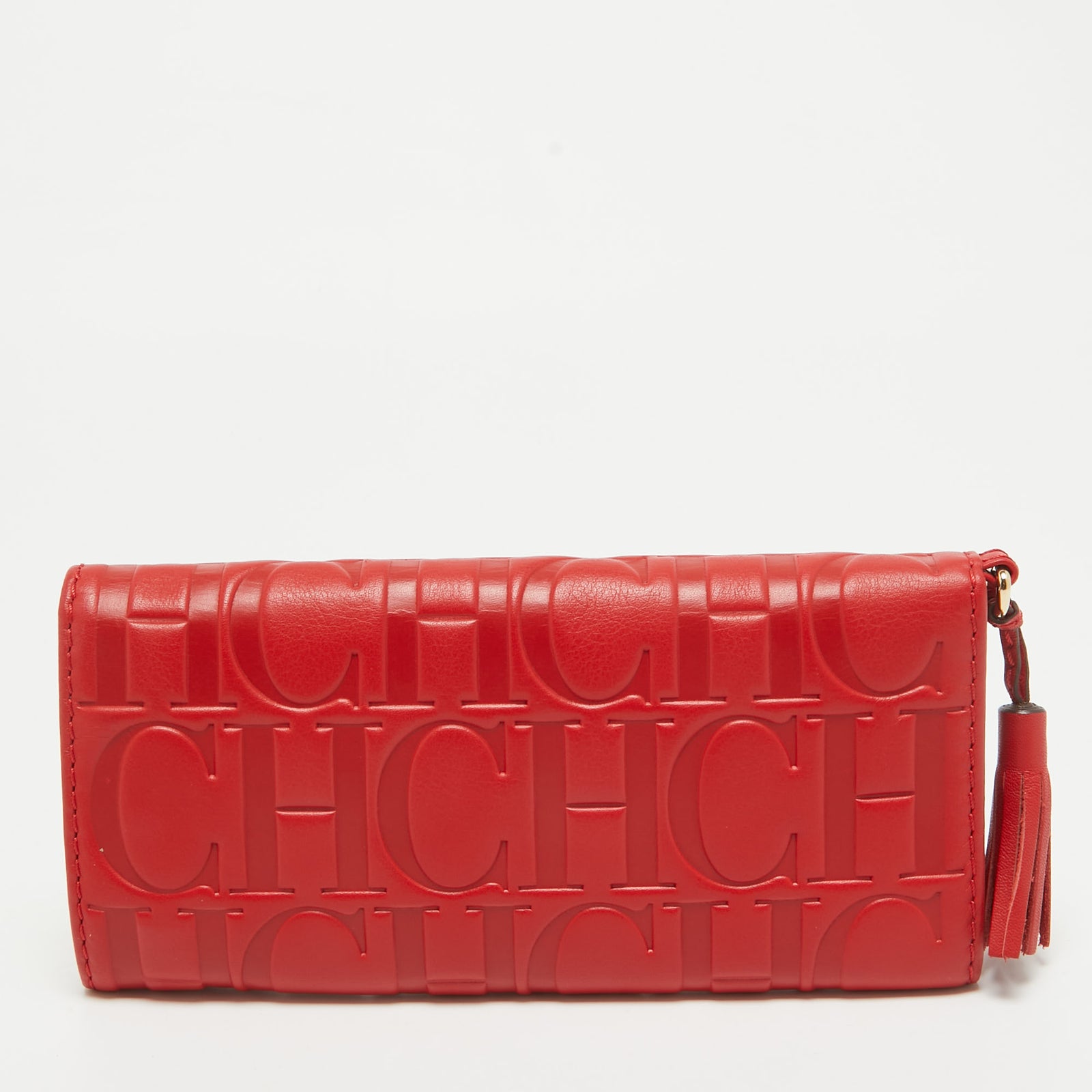 Ch Carolina Herrera Red Monogram Embossed Leather Trifold Wallet