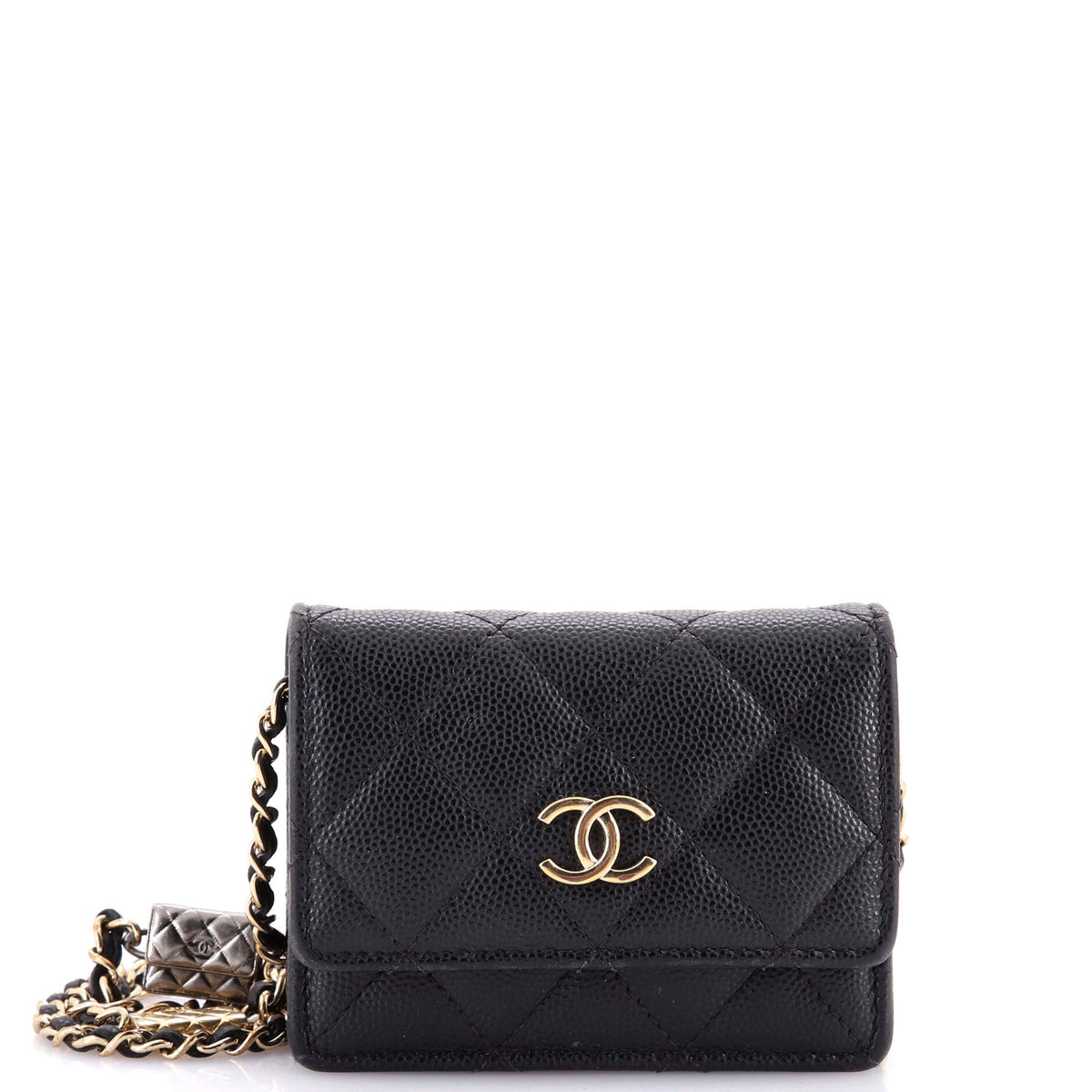 Chanel CHANEL Flap Card Holder on Chain with Charms Quilted Caviar Mini