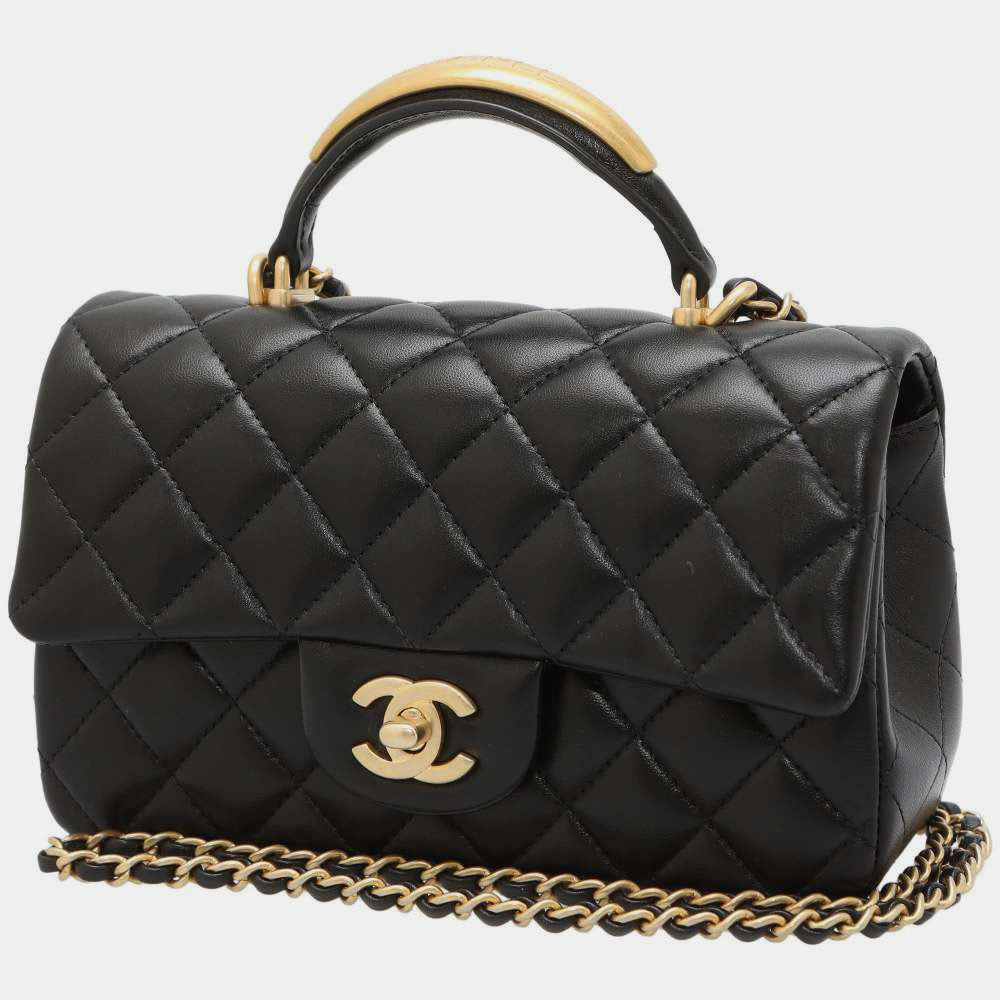 Chanel Black Lambskin Top Handle Mini Flap Bag