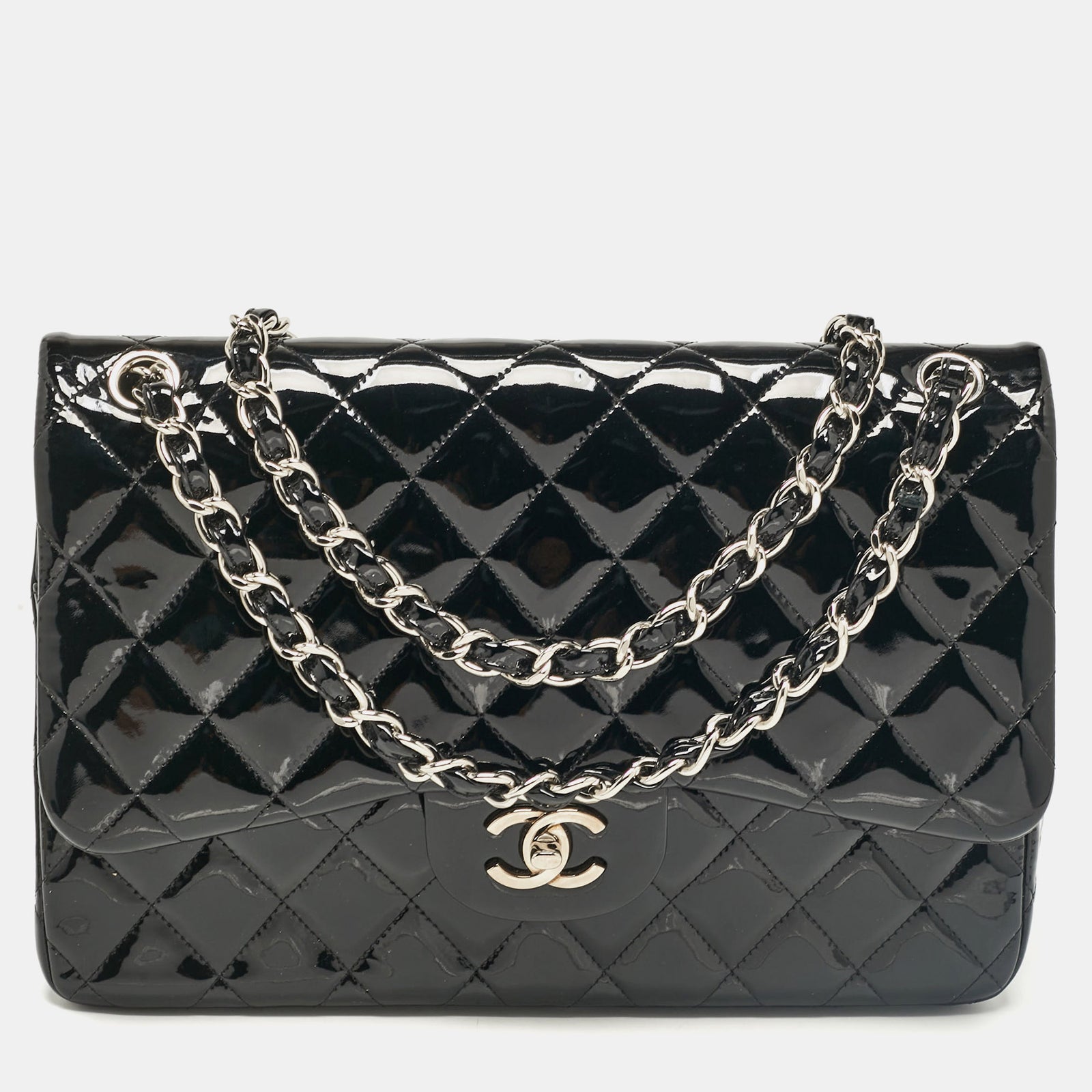 Chanel Klassische Jumbo-Tasche aus gestepptem Lackleder in Schwarz mit Doppelklappe