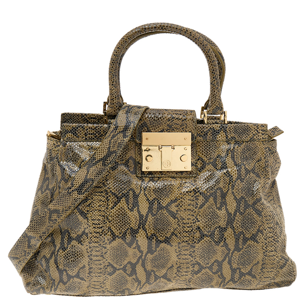 Tory Burch Olive Green/Black Python Embossed Leather Satchel