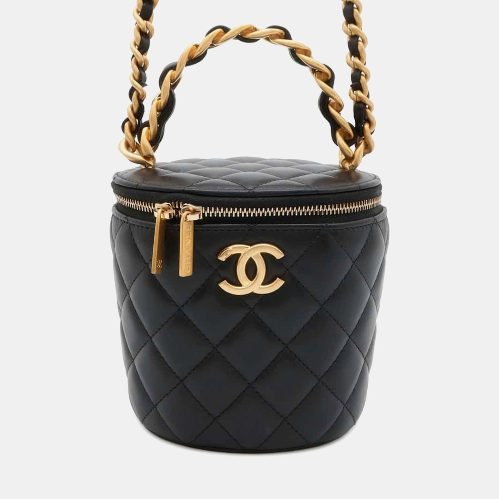 Chanel Schwarze Umhängetasche „Vanity“ aus Lammleder mit Kette