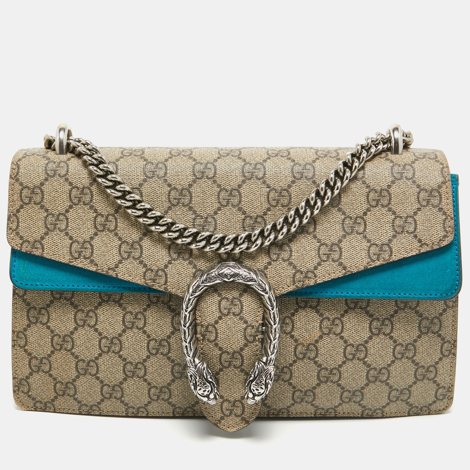 Gucci Kleine Dionysus-Umhängetasche aus GG Supreme-Canvas und Wildleder in Beige/Blau