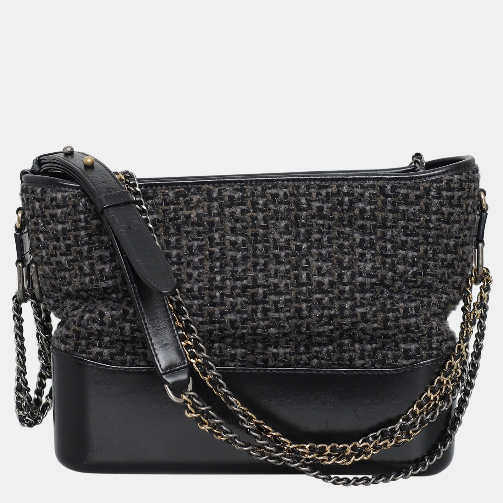 Chanel Mittelgroße Hobo-Tasche Gabrielle aus Tweed-Kalbsleder in Schwarz/Grau