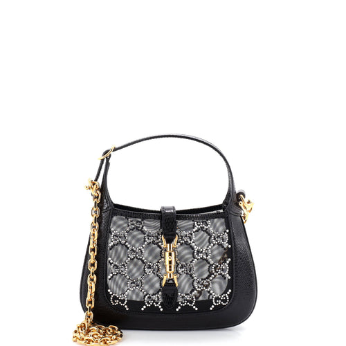 GUCCI Jackie 1961 Chain Hobo Crystal GG Embellished Mesh with Lizard Mini
