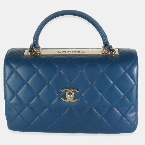 Navy Quilted Lambskin Medium Trendy Top Handle Bag