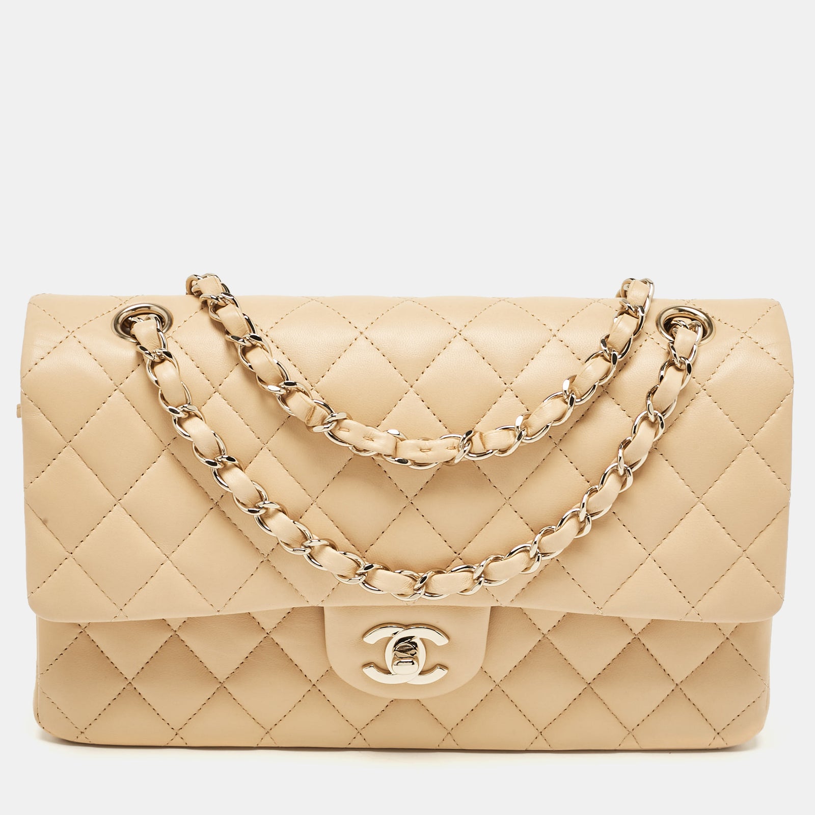 Chanel Mittelgroße klassische Tasche aus gestepptem Leder mit Doppelklappe in Beige