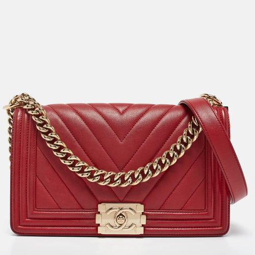 Red Chevron Leather Medium Boy Flap Bag