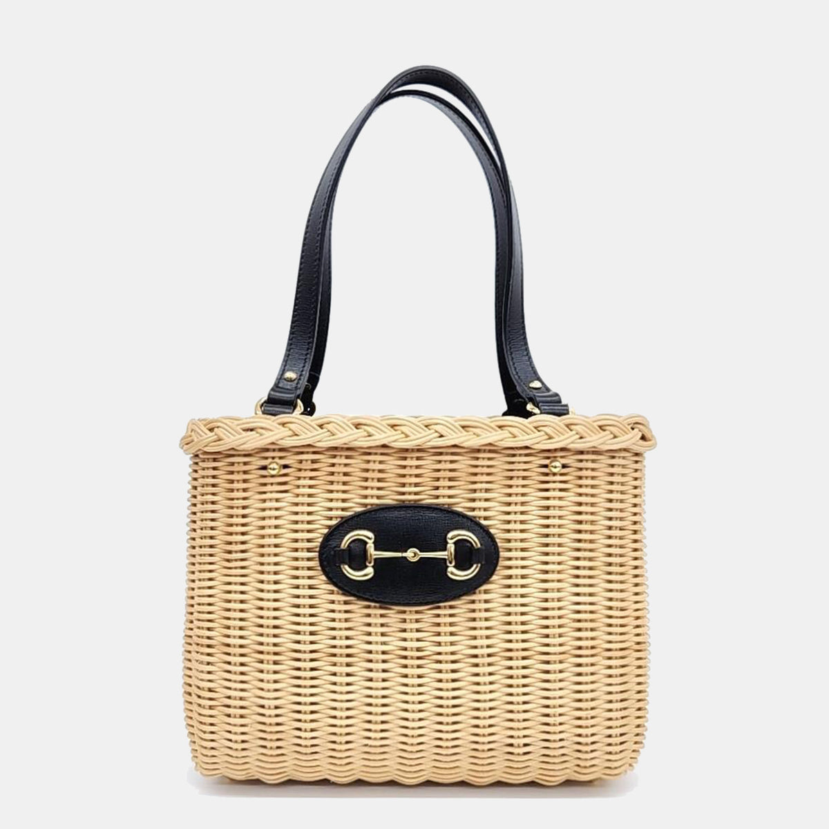 Gucci Beige/Black Wicker and Leather Horsebit 1955 Bucket Bag