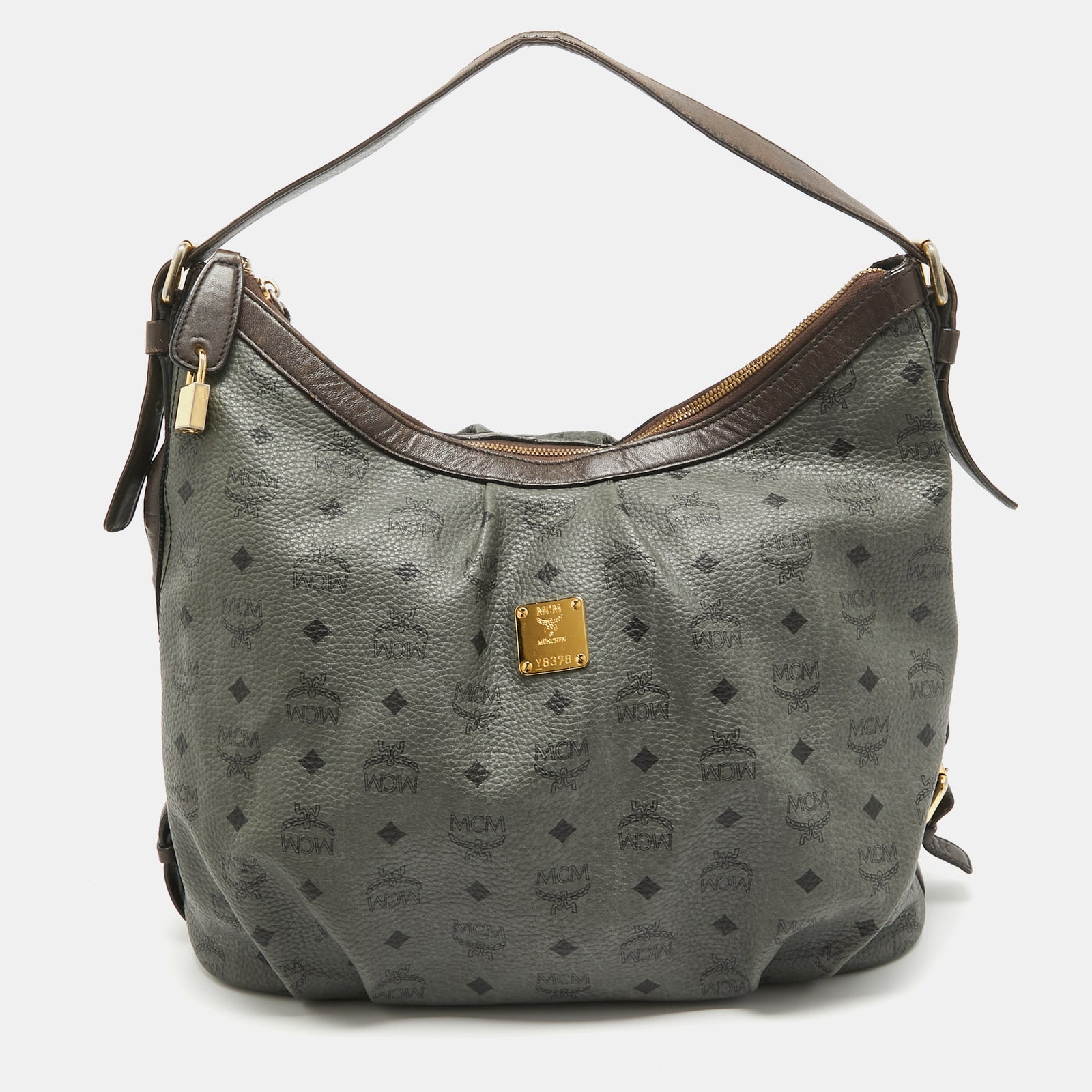 MCM Plissierte Hobo-Tasche aus beschichtetem Canvas und Leder in Visetos in Grau/Braun