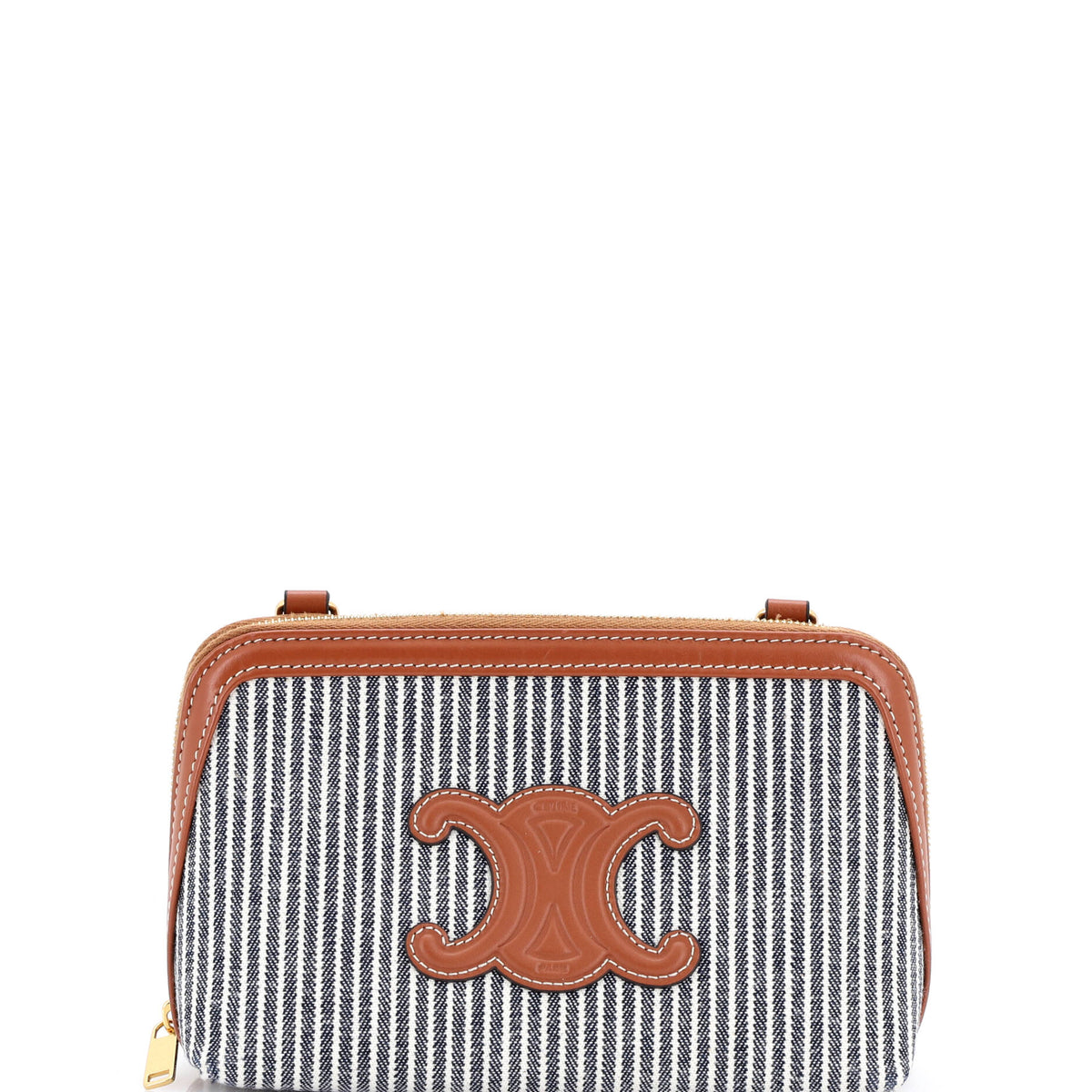 Celine CELINE Cuir Triomphe Zip Around Chain Clutch Striped Canvas