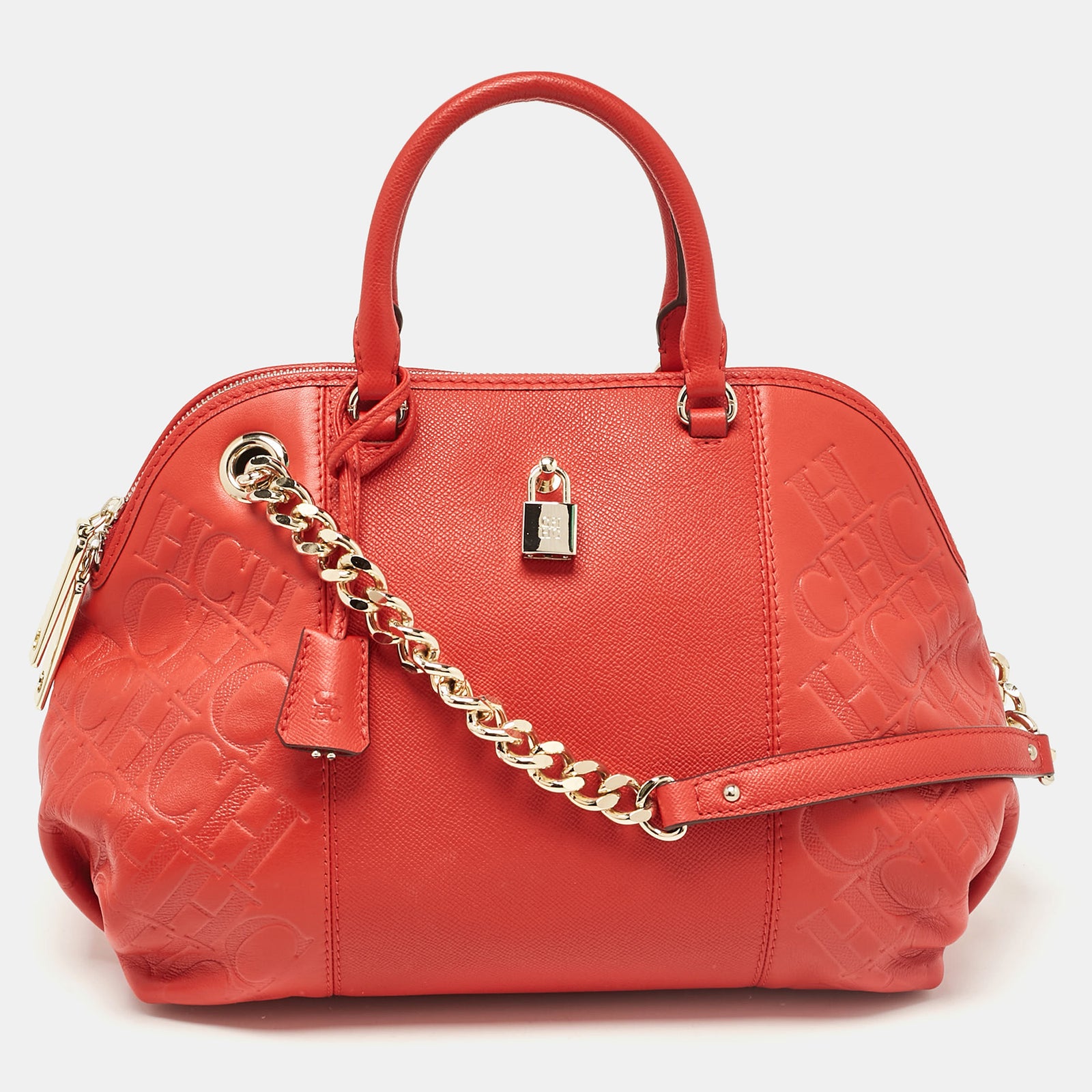 Ch Carolina Herrera Red Monogram Leather Dahlia Satchel