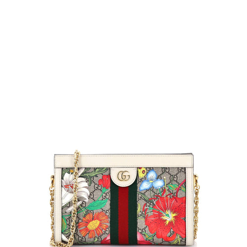 GUCCI Ophidia Chain Shoulder Bag Flora GG Coated Canvas Small
