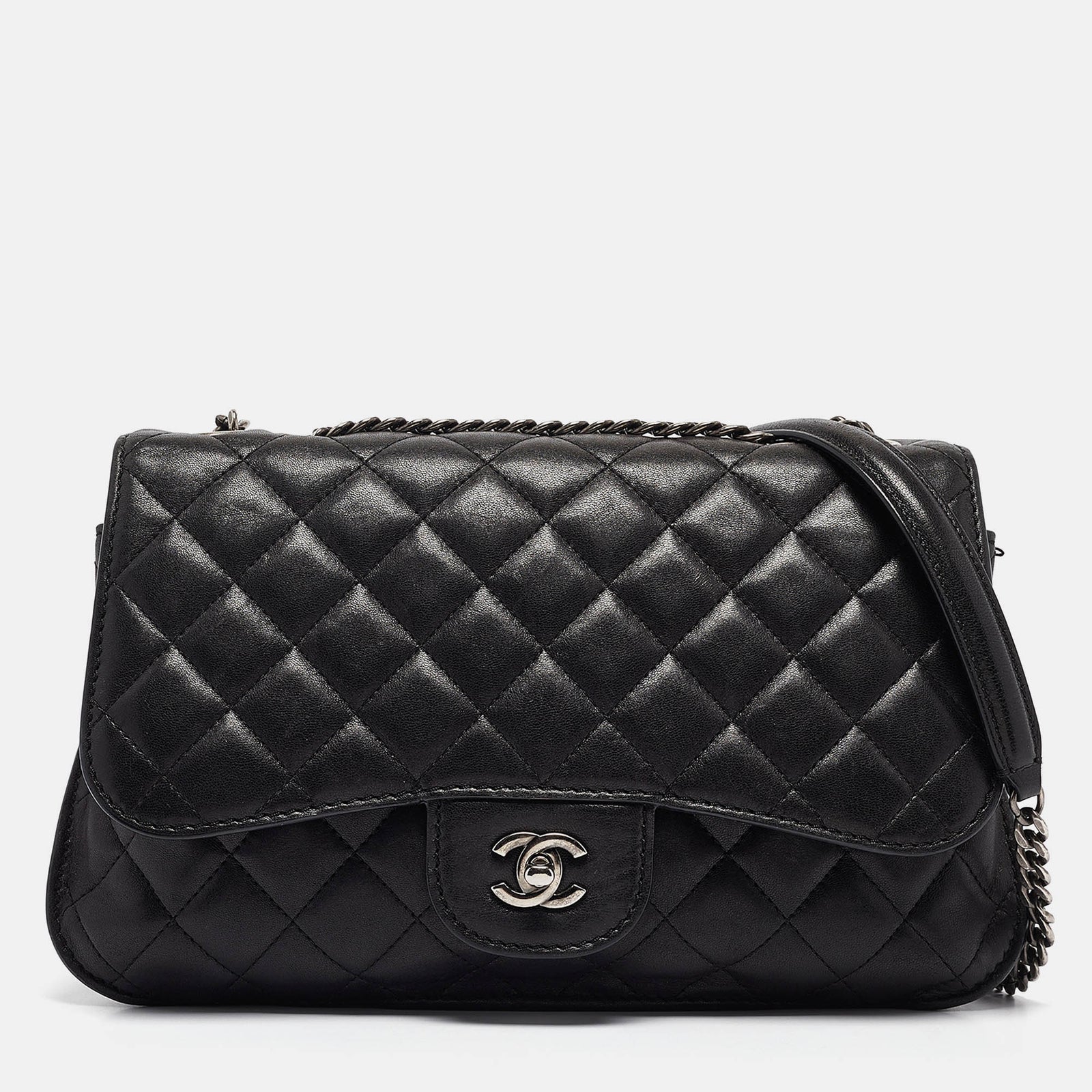 Chanel Schwarze CC-Flap-Tasche aus gestepptem Leder mit zwei Fächern