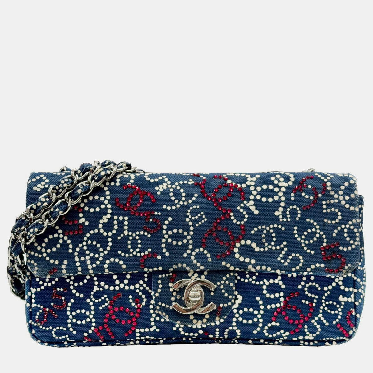 Chanel Navy Red White Rhinestone Cotton Coco Mark No.5 Icon Chain Shoulder Bag