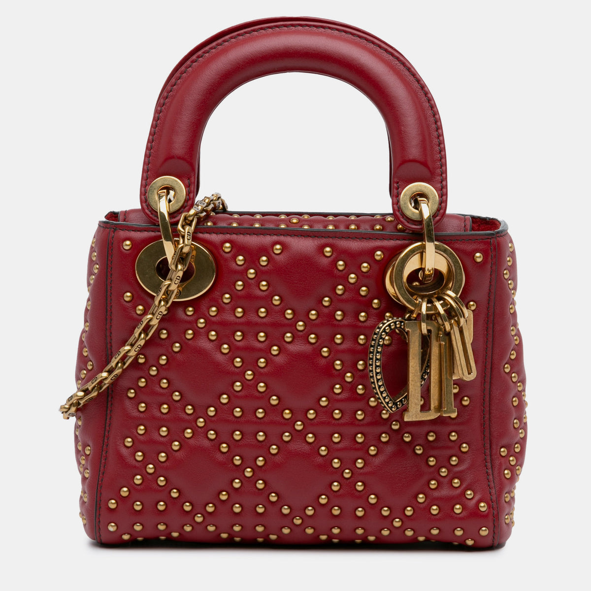 Dior Red Lambskin Cannage Mini Studded Supple Lady Tote Bag