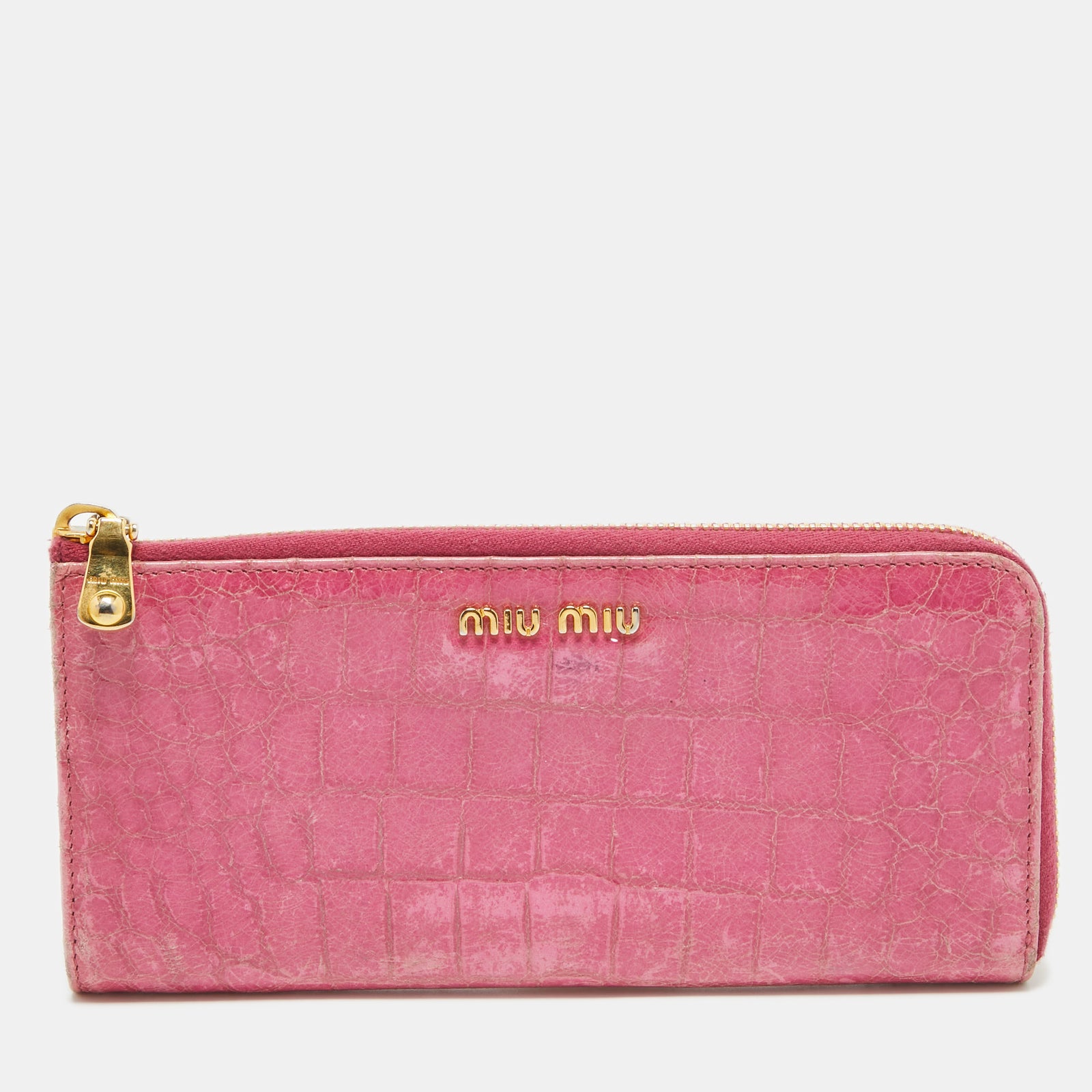 Miu Miu Pink Croc Effect Patent Leather Continental Zip Wallet