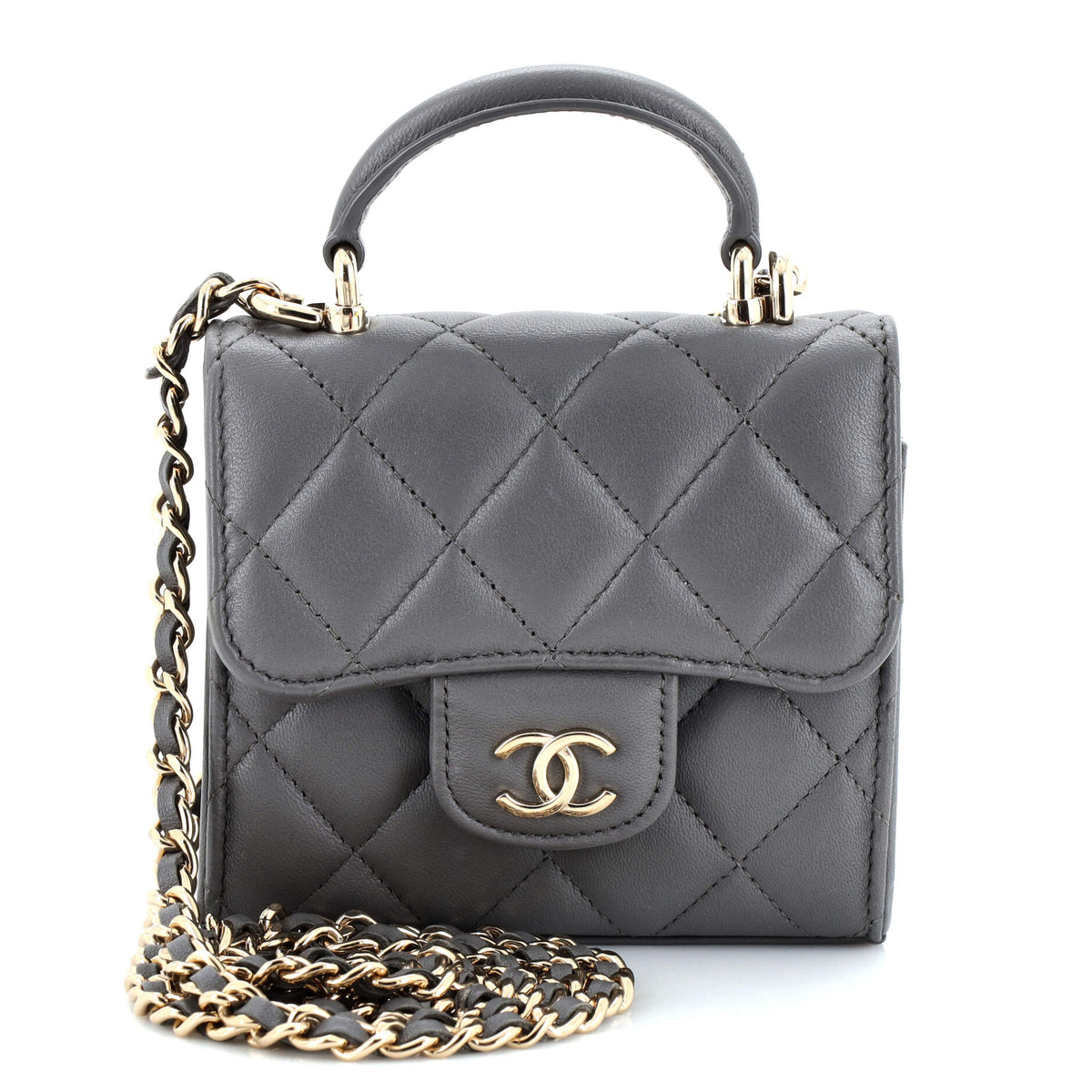Chanel CHANEL Square Classic Flap Top Handle Clutch with Chain Quilted Lambskin