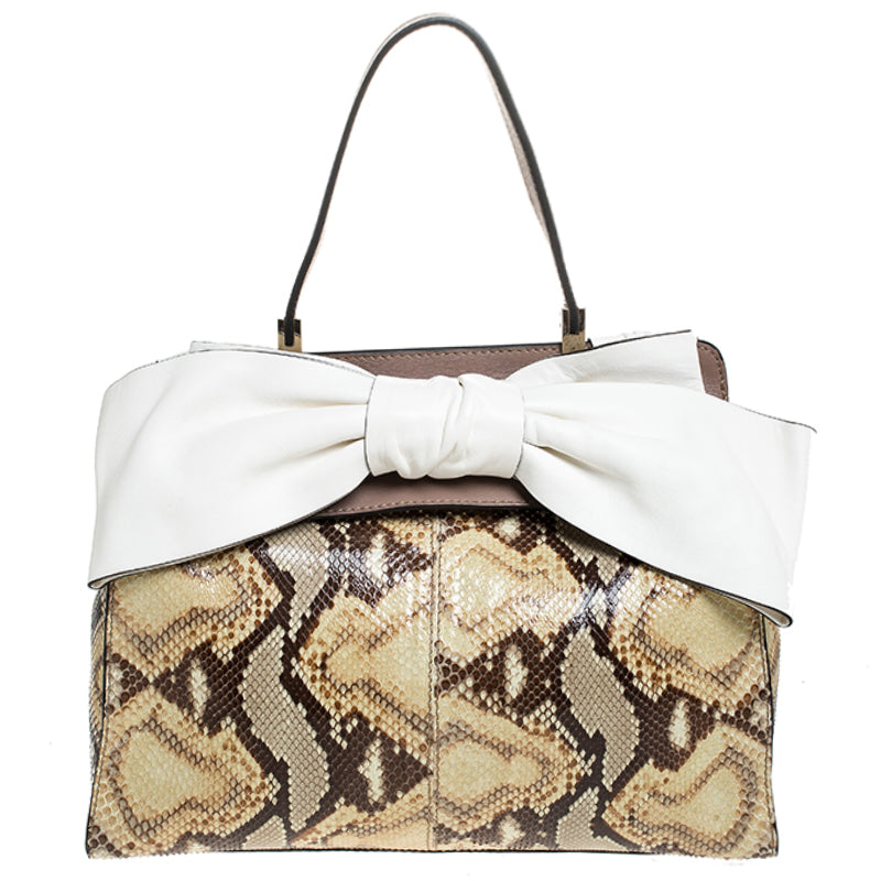 Valentino Black/Beige Python Print Raffia and Patent Leather Aphrodite Bow Bag
