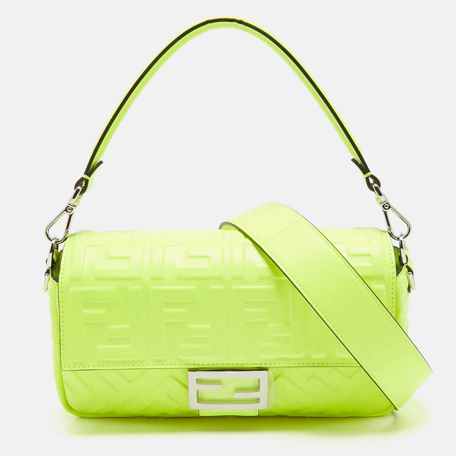 Fendi Neon Green Zucca Embossed Leather Baguette Flap Bag